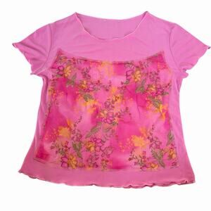 European Pink Floral Crop Blouse With Semi Sheer Mesh Overlay Size L